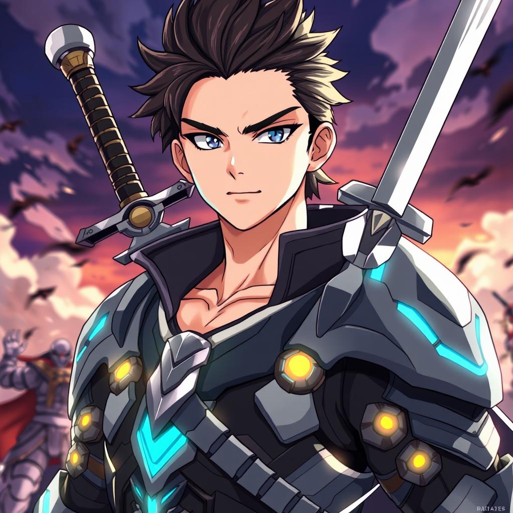 A cool anime-style male character with a striking warrior suit