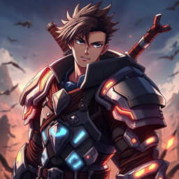 A cool anime-style male character with a striking warrior suit