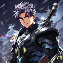 A cool anime-style male character with a striking warrior suit