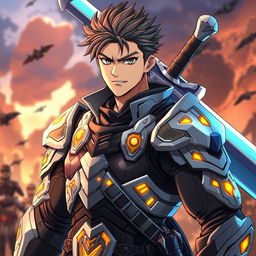 A cool anime-style male character with a striking warrior suit