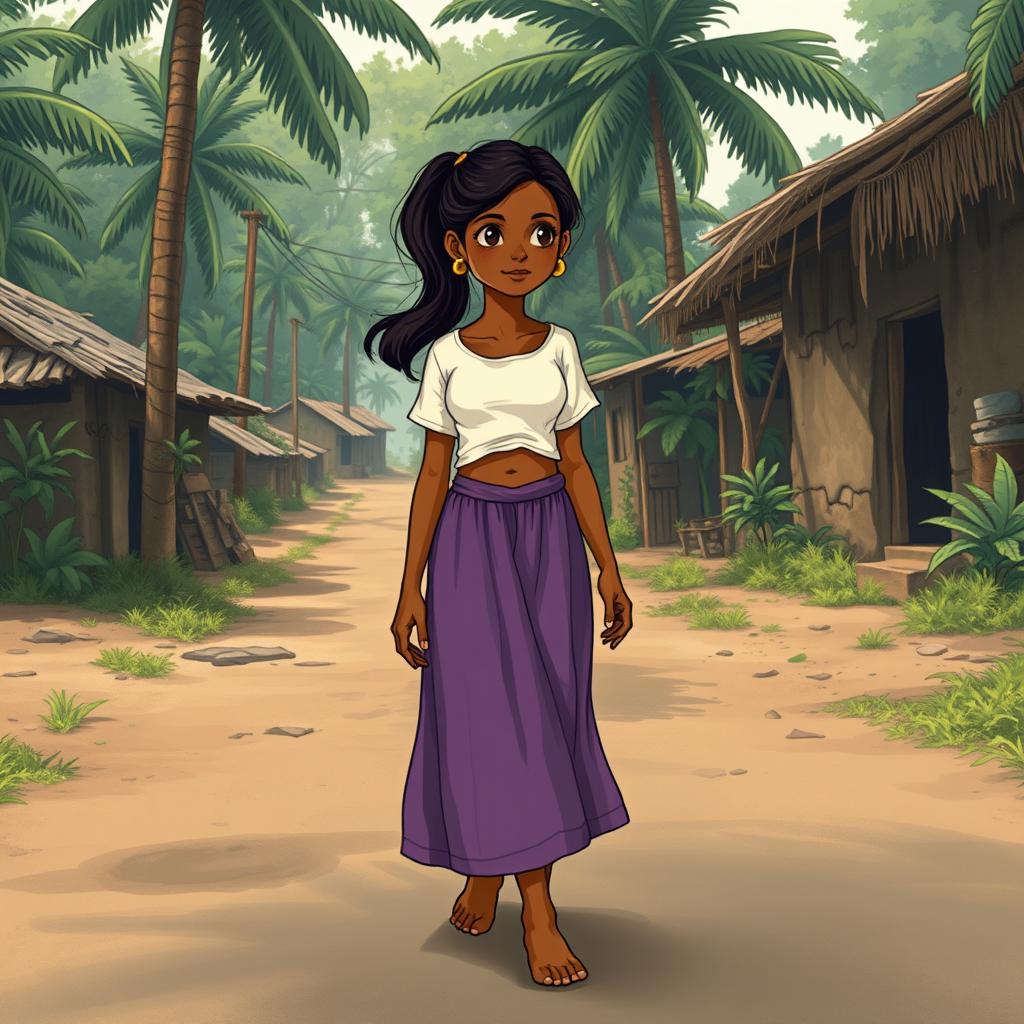 A 20-year-old Indian girl with dark skin crossing the street in a poor village in the Indian jungle