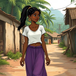 A 20-year-old Indian girl with dark skin crossing the street in a poor village in the Indian jungle