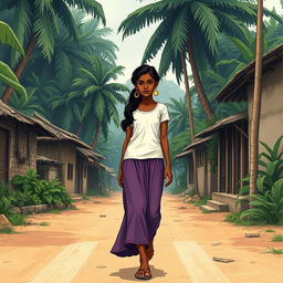 A 20-year-old Indian girl with dark skin crossing the street in a poor village in the Indian jungle