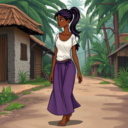 A 20-year-old Indian girl with dark skin crossing the street in a poor village in the Indian jungle