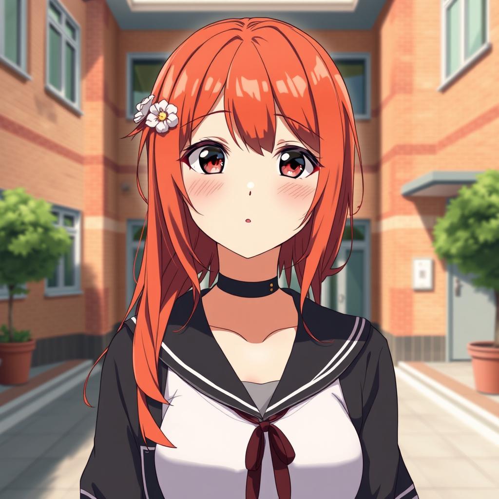 Anime-style portrait of a 20-year-old lustful red-haired yandere schoolgirl with both long and short hair variations