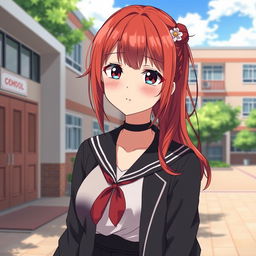 Anime-style portrait of a 20-year-old lustful red-haired yandere schoolgirl with both long and short hair variations