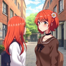 Anime-style portrait of a 20-year-old lustful red-haired yandere schoolgirl with both long and short hair variations