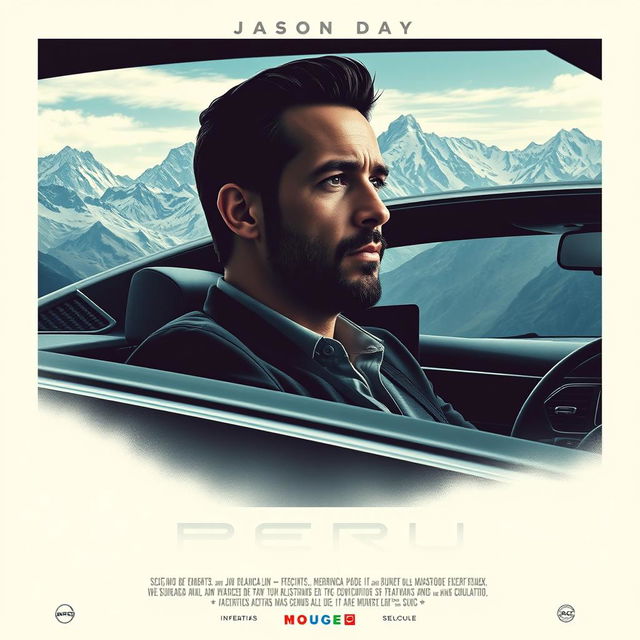 A movie poster for a sci-fi thriller film featuring a Peruvian businessman with the face of actor Jason Day, inside a luxurious car, situated amidst the breathtaking Andean mountains