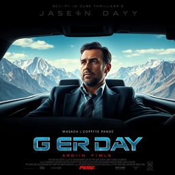 A movie poster for a sci-fi thriller film featuring a Peruvian businessman with the face of actor Jason Day, inside a luxurious car, situated amidst the breathtaking Andean mountains