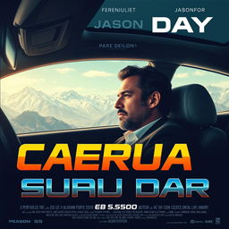 A movie poster for a sci-fi thriller film featuring a Peruvian businessman with the face of actor Jason Day, inside a luxurious car, situated amidst the breathtaking Andean mountains