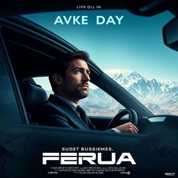 A movie poster for a sci-fi thriller film featuring a Peruvian businessman with the face of actor Jason Day, inside a luxurious car, situated amidst the breathtaking Andean mountains