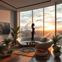 A photorealistic and artistic depiction of a modern, minimalist living room with large ferns in uniquely designed pots along the floor and walls, grouped on either side of a futuristic-shaped couch