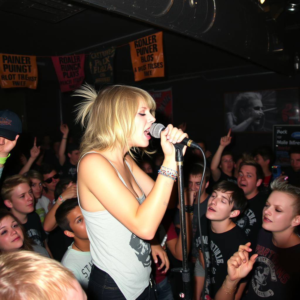 Taylor Swift passionately singing on stage at a small, intimate punk rock concert