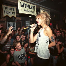 Taylor Swift passionately singing on stage at a small, intimate punk rock concert