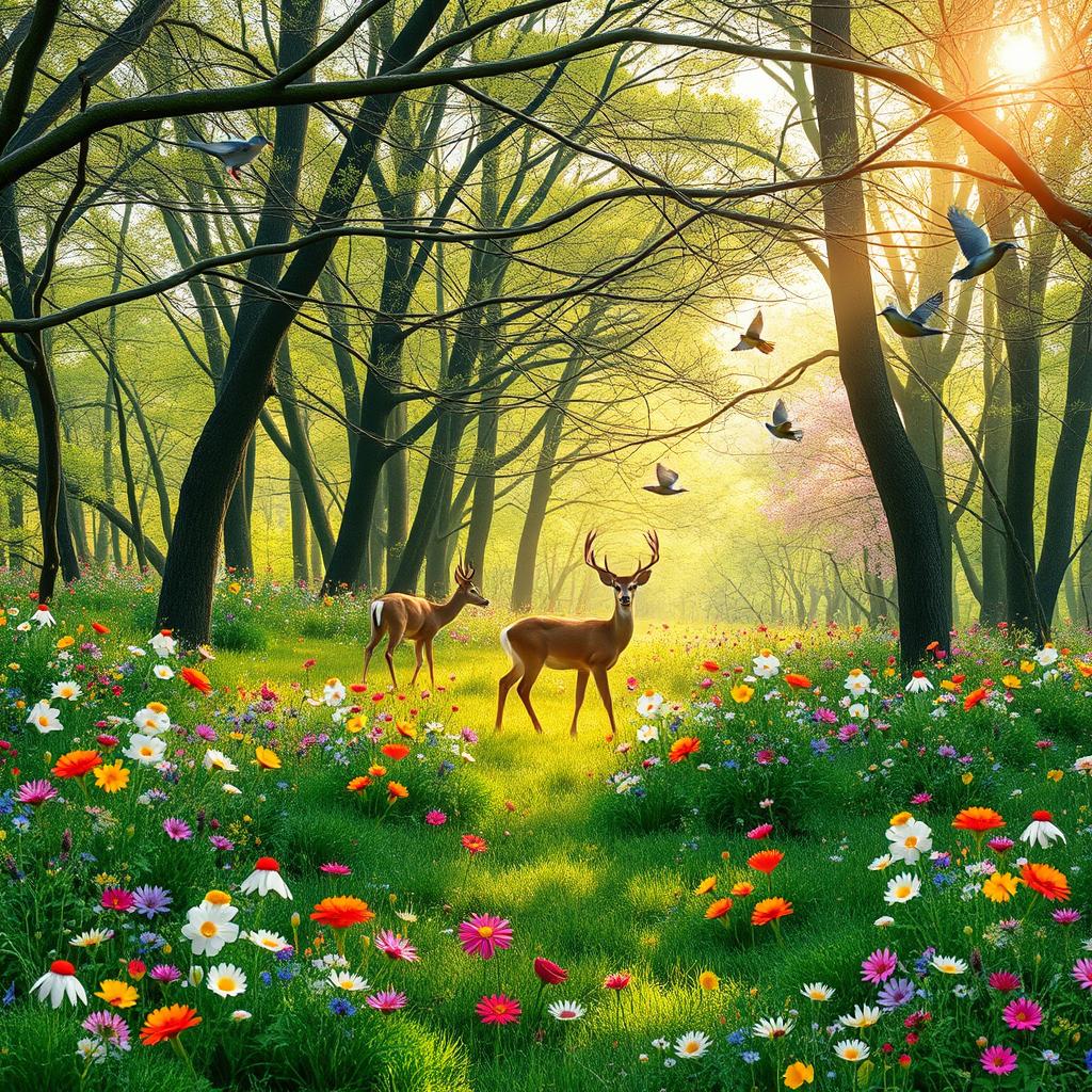 A tranquil spring forest glade in full bloom with colorful wildflowers and sweet-sounding birds that sing their melodious tunes, crafting a picture of peace and nature's harmony