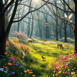 A tranquil spring forest glade in full bloom with colorful wildflowers and sweet-sounding birds that sing their melodious tunes, crafting a picture of peace and nature's harmony