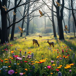 A tranquil spring forest glade in full bloom with colorful wildflowers and sweet-sounding birds that sing their melodious tunes, crafting a picture of peace and nature's harmony