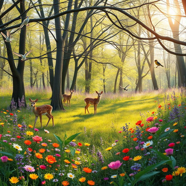 A tranquil spring forest glade in full bloom with colorful wildflowers and sweet-sounding birds that sing their melodious tunes, crafting a picture of peace and nature's harmony