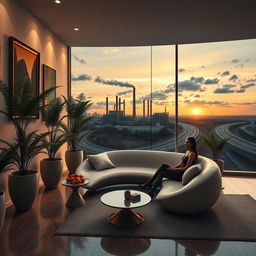 A photorealistic and artistic scene showcasing a living room filled with large ferns growing in pots along the walls, embodying a modern, minimalist design