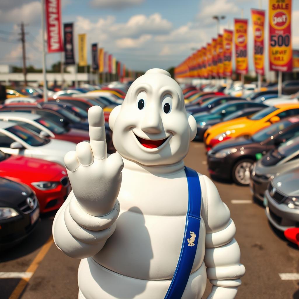 Close-up of the Michelin Man, known as Bib, giving a playful middle finger gesture in a bustling used car lot