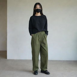 A Korean girl with boyish hair, wearing a black mask, loose long-sleeved black shirt, baggy green bog trousers. She is 163cm tall with an average weight.