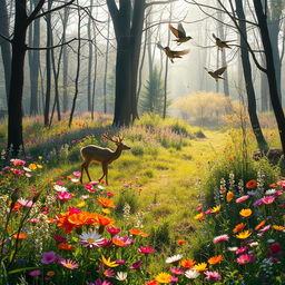 A tranquil spring forest glade filled with an array of colorful wildflowers