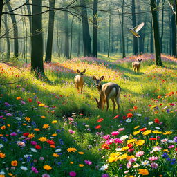 A tranquil spring forest glade filled with an array of colorful wildflowers