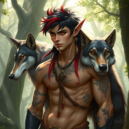 An elf male druid with an enchanting blend of black and fiery red hair, and mesmerizing red eyes that speak of ancient wisdom