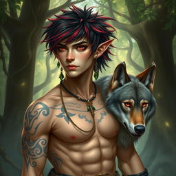 An elf male druid with an enchanting blend of black and fiery red hair, and mesmerizing red eyes that speak of ancient wisdom