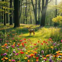 A tranquil spring forest glade filled with an array of colorful wildflowers