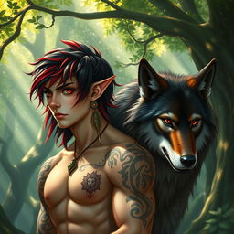 An elf male druid with an enchanting blend of black and fiery red hair, and mesmerizing red eyes that speak of ancient wisdom