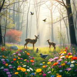 A tranquil spring forest glade filled with an array of colorful wildflowers