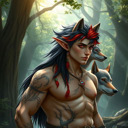 An elf male druid with an enchanting blend of black and fiery red hair, and mesmerizing red eyes that speak of ancient wisdom
