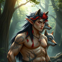 An elf male druid with an enchanting blend of black and fiery red hair, and mesmerizing red eyes that speak of ancient wisdom