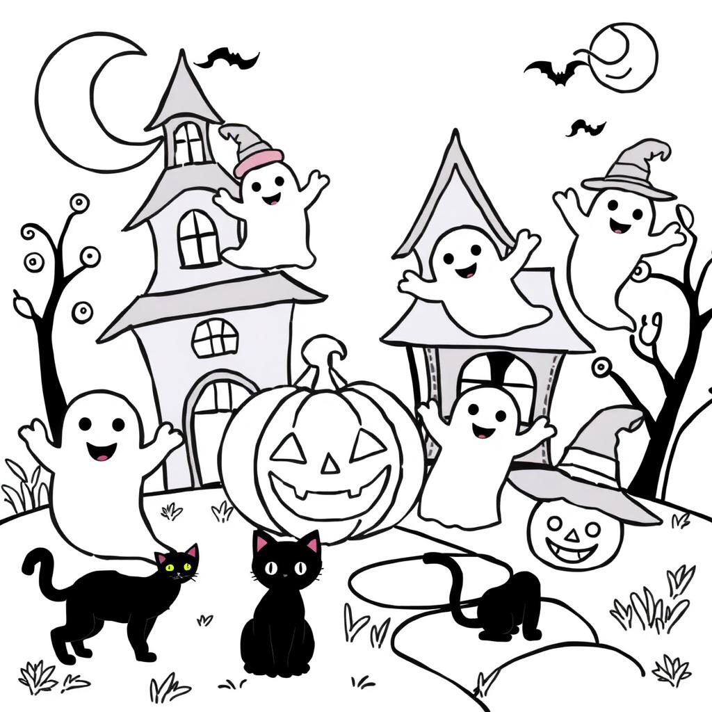 Cute Halloween coloring pages for kids, featuring friendly ghosts, smiling jack-o'-lanterns, happy witches with hats, playful black cats, and a whimsical haunted house