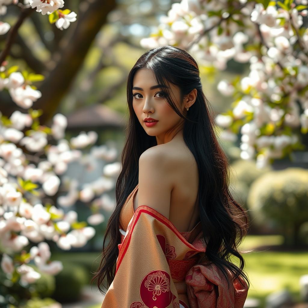 A stunningly beautiful Japanese woman in an elegant garden setting, exuding grace and allure