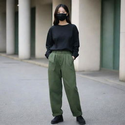 A Korean girl with boyish hair, wearing a black mask, loose long-sleeved black shirt, baggy green bog trousers. She is 163cm tall with an average weight.