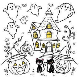 Cute Halloween coloring pages for kids, featuring friendly ghosts, smiling jack-o'-lanterns, happy witches with hats, playful black cats, and a whimsical haunted house