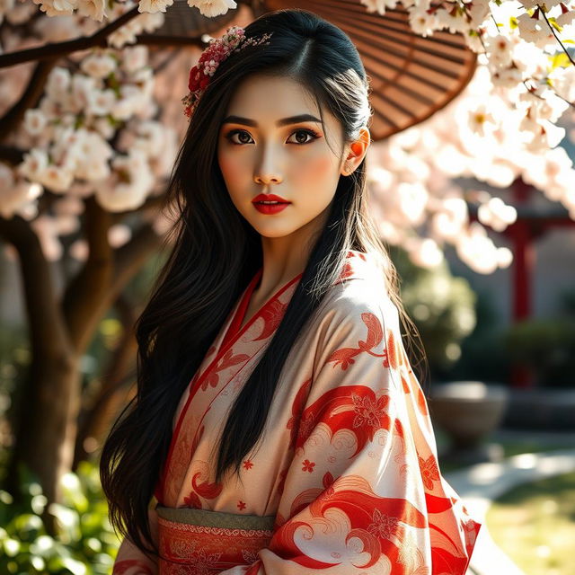 A stunningly beautiful Japanese woman in an elegant garden setting, exuding grace and allure