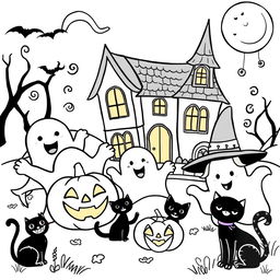 Cute Halloween coloring pages for kids, featuring friendly ghosts, smiling jack-o'-lanterns, happy witches with hats, playful black cats, and a whimsical haunted house