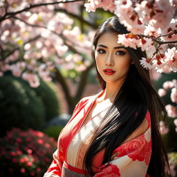 A stunningly beautiful Japanese woman in an elegant garden setting, exuding grace and allure