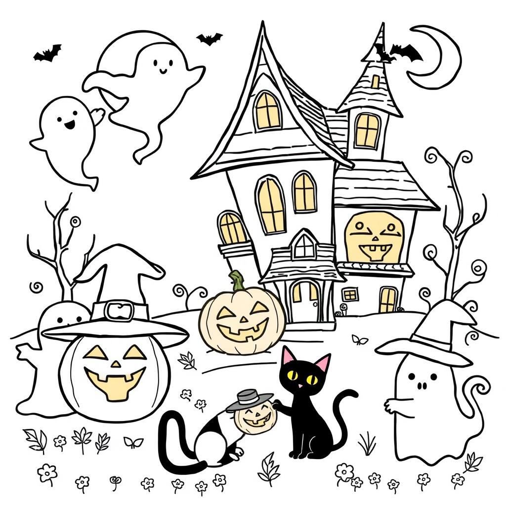 Cute Halloween coloring pages for kids, featuring friendly ghosts, smiling jack-o'-lanterns, happy witches with hats, playful black cats, and a whimsical haunted house