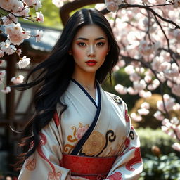 A stunningly beautiful Japanese woman in an elegant garden setting, exuding grace and allure