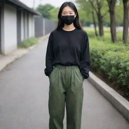 A Korean girl with boyish hair, wearing a black mask, loose long-sleeved black shirt, baggy green bog trousers. She is 163cm tall with an average weight.