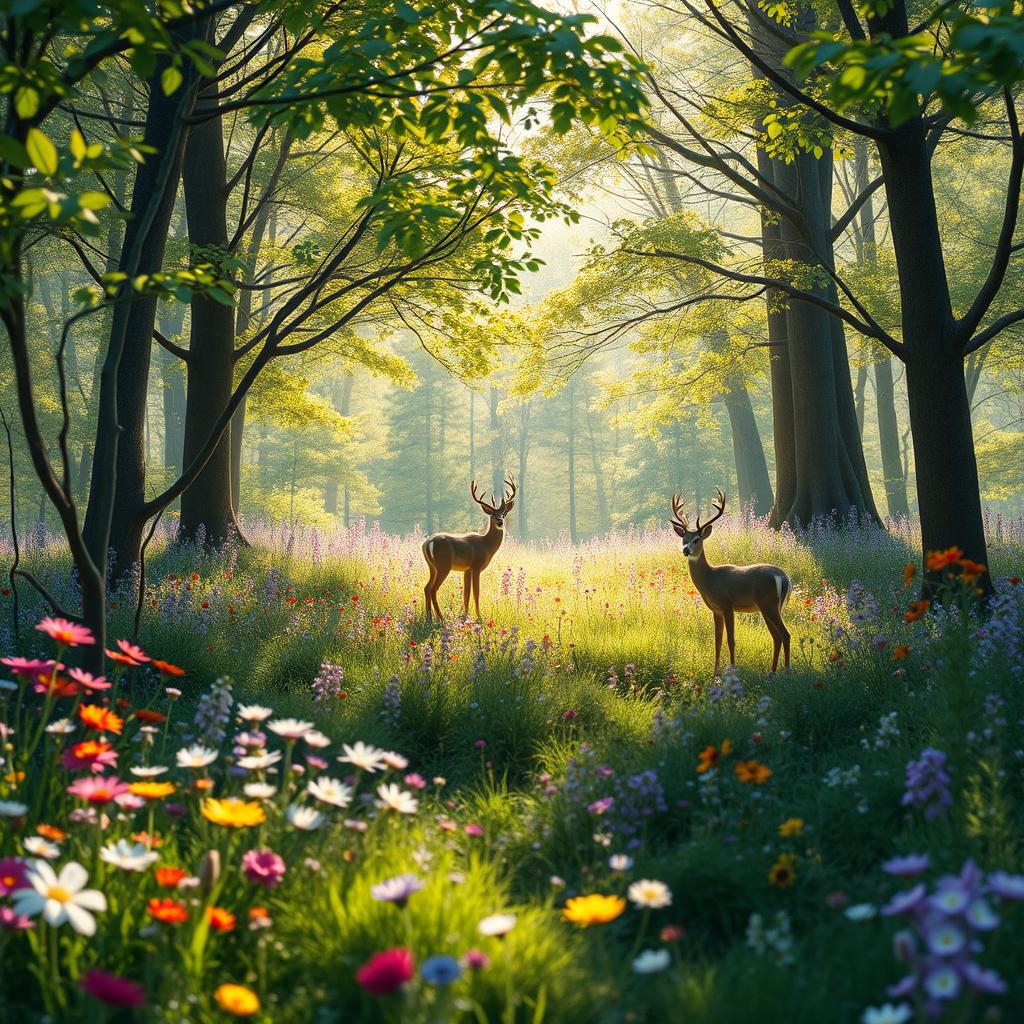 A tranquil spring forest glade bursting with colorful wildflowers, filling the scene with vibrant hues