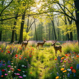 A tranquil spring forest glade bursting with colorful wildflowers, filling the scene with vibrant hues