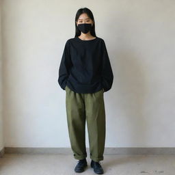 A Korean girl with boyish hair, wearing a black mask, loose long-sleeved black shirt, baggy green bog trousers. She is 163cm tall with an average weight.