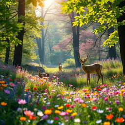 A tranquil spring forest glade bursting with colorful wildflowers, filling the scene with vibrant hues