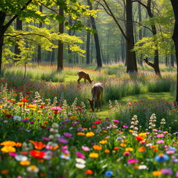 A tranquil spring forest glade bursting with colorful wildflowers, filling the scene with vibrant hues