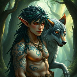 An elf male druid with a captivating combination of black and emerald green hair, whose red eyes glow with ancient knowledge